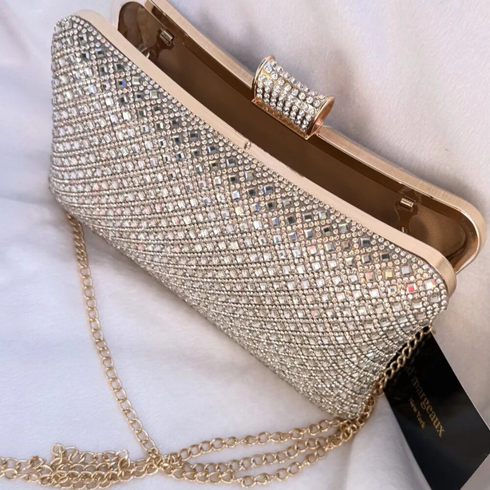 D’margeaux New York Sparkling Gold Rhinestone Evening Clutch Bag Chain NWT - Picture 5 of 14